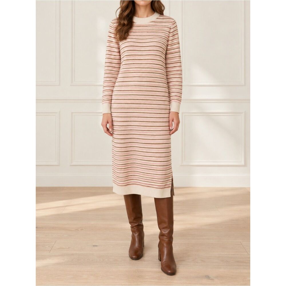 NWT Roolee Sweater Dress Small Cream Pink Brown Striped Knit Midi Long Sleeve